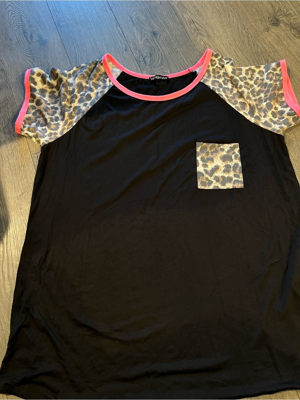 Black Tee with Leopard Sleeves and Neon Pink Trim